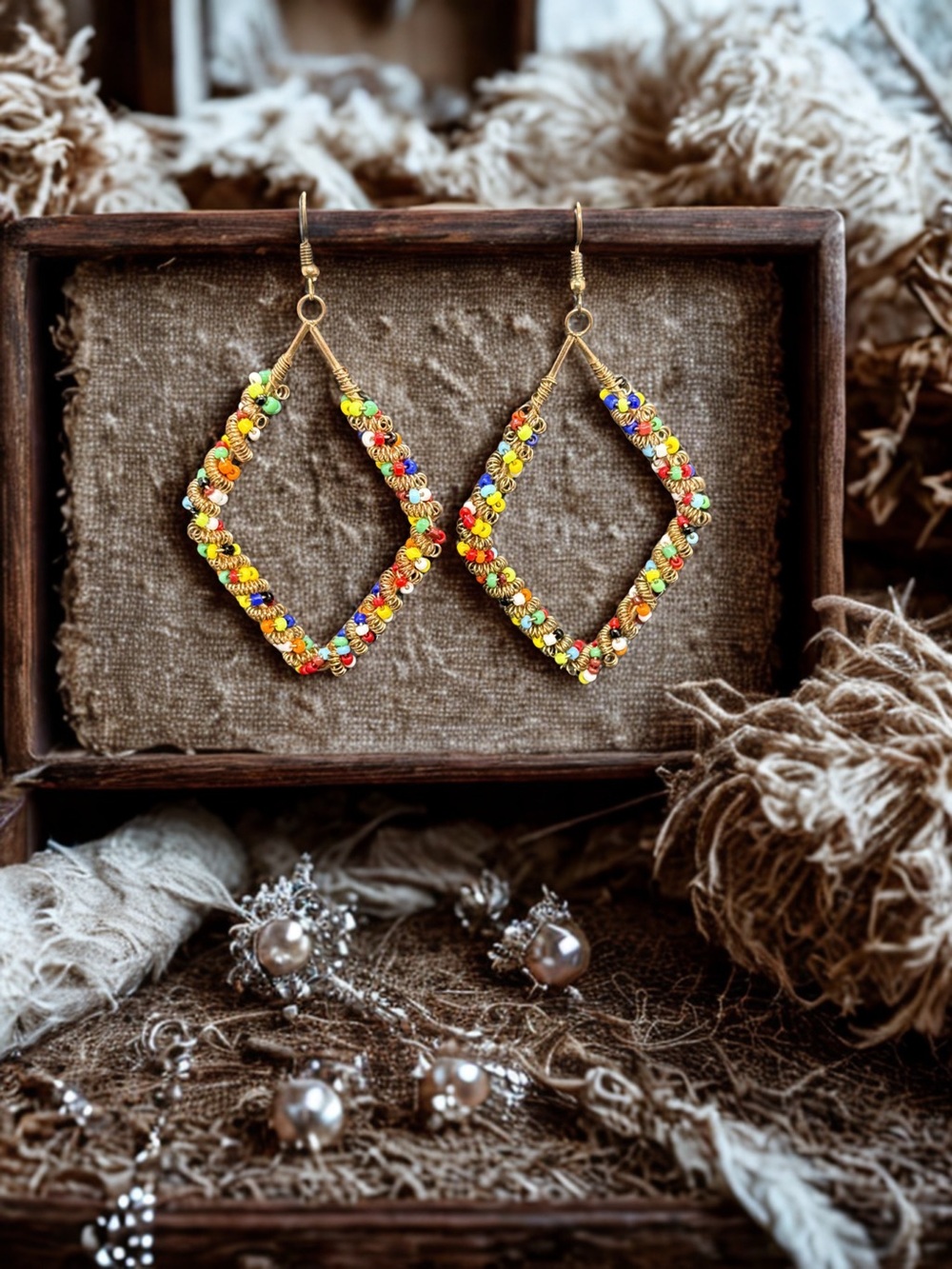 💚Multi-Pattern Colorful Seed Bead & Tangled Alloy Geometric Drop Earrings/NWOT🧡